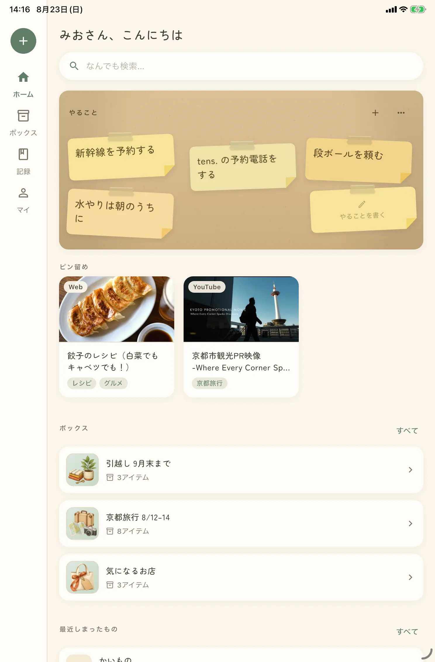 iPad のしまう。左端にナビゲーション、広い画面に「やること」とピン留めが並ぶ