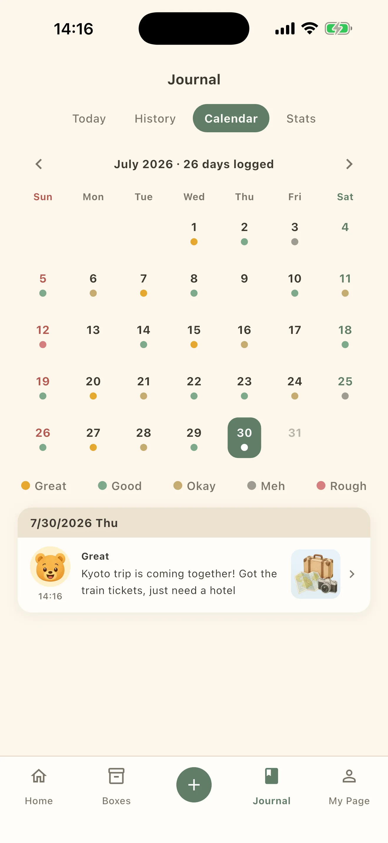 The Records calendar, with a mood color on each day