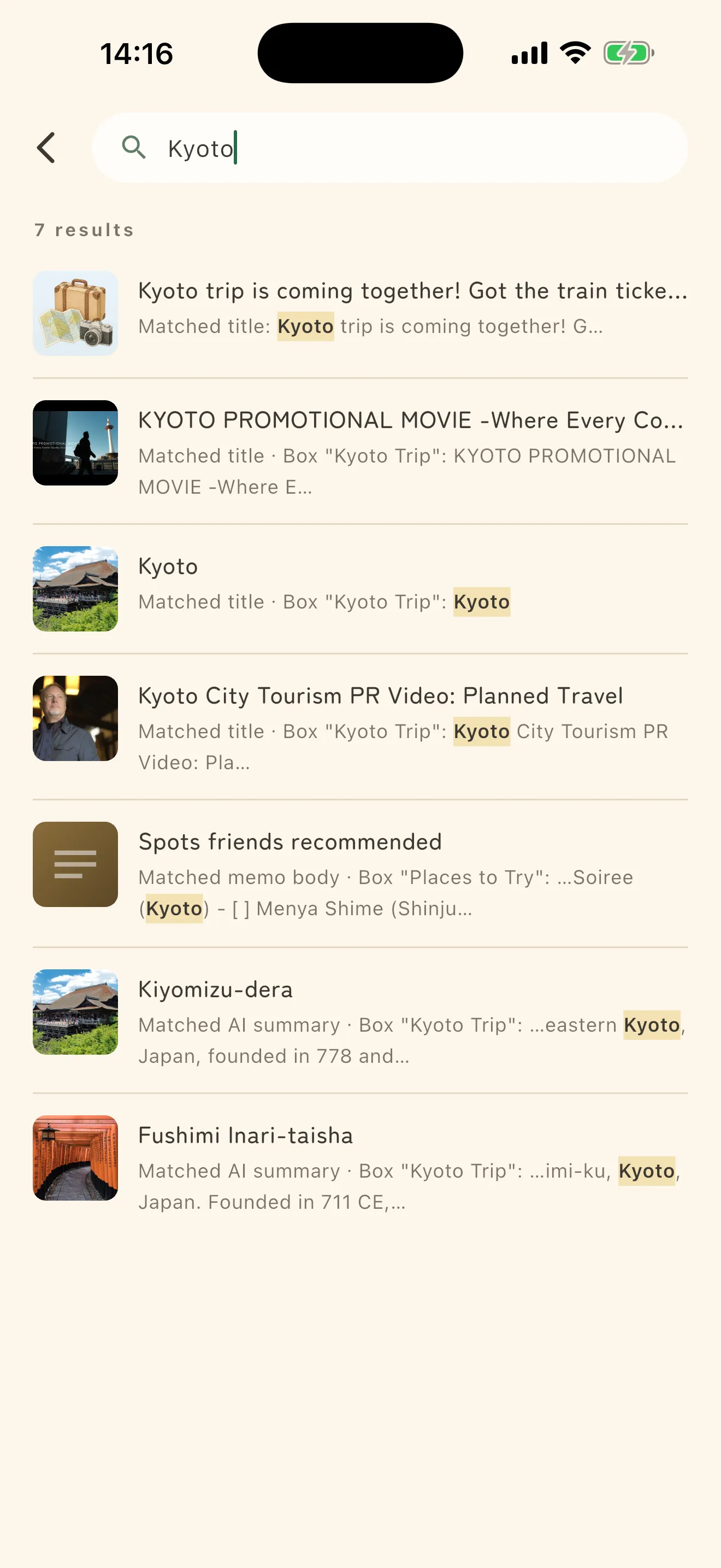 Search results. Each row says whether the match came from the title, the AI summary, or a note