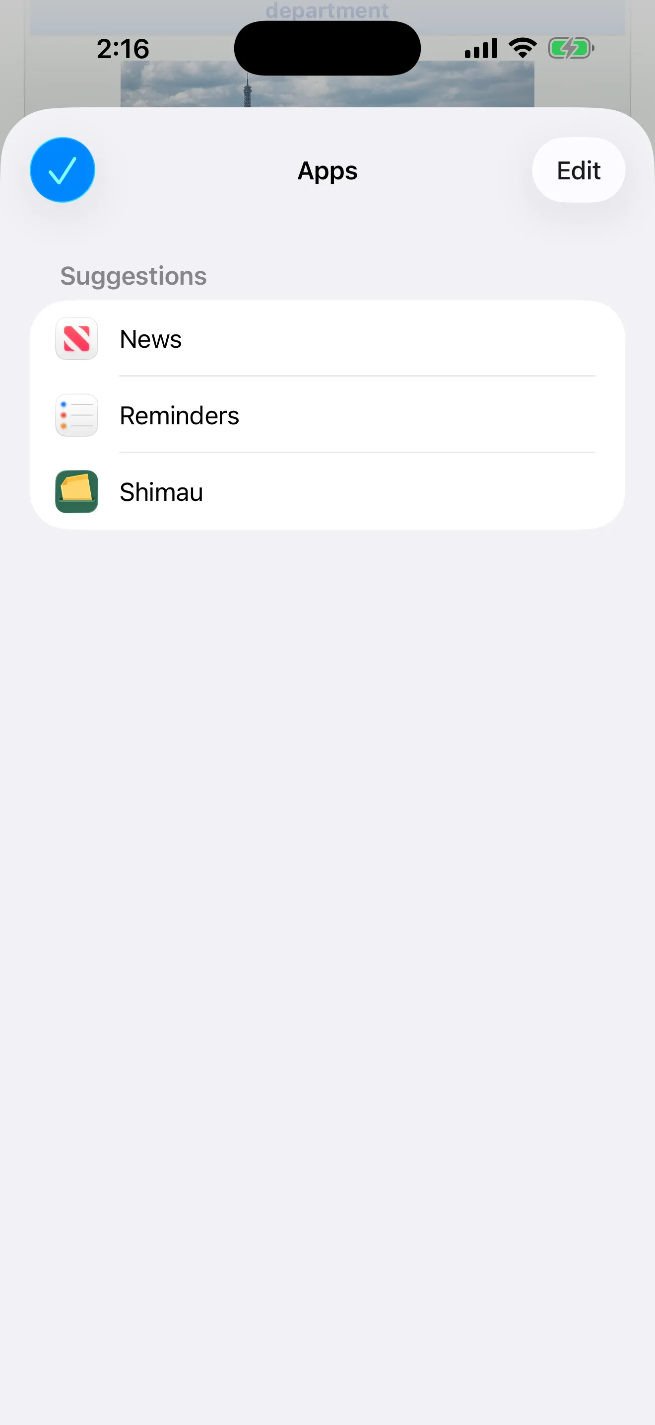 The Apps list shown after tapping More. News, Reminders and Shimau are listed