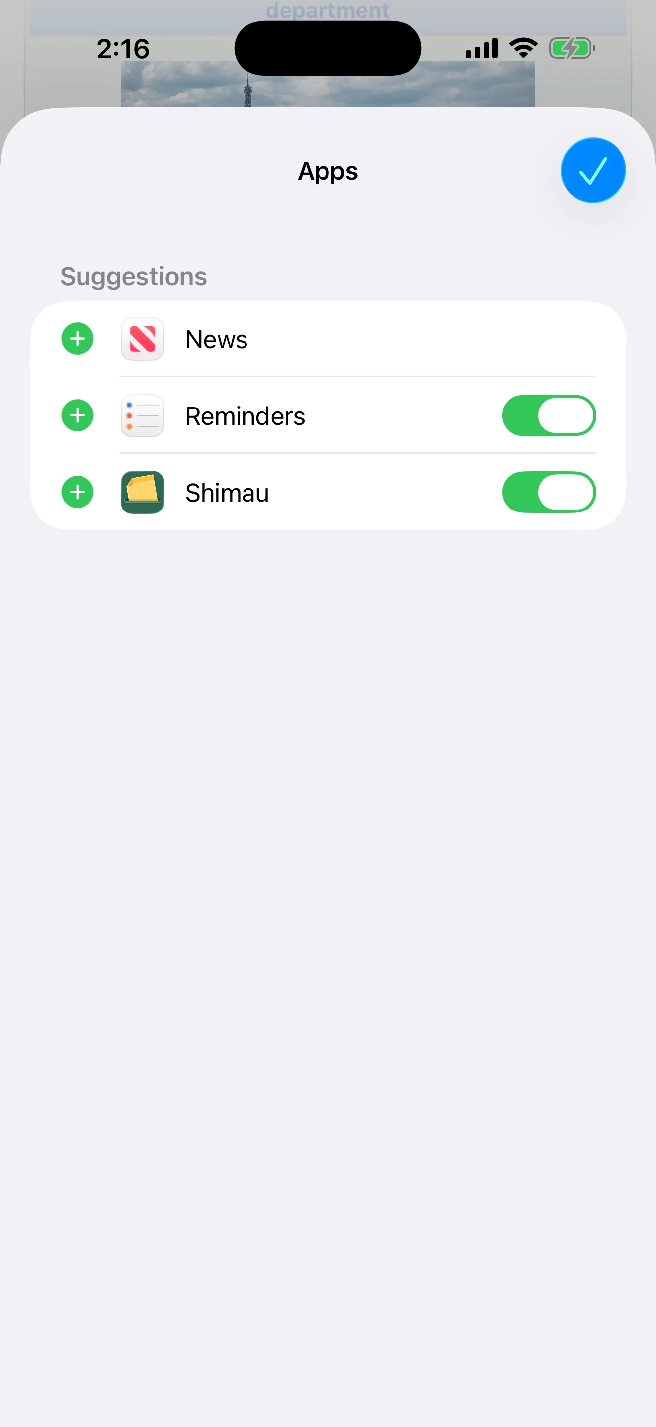 The Apps list in edit mode. Every row has a switch and Shimau is switched on