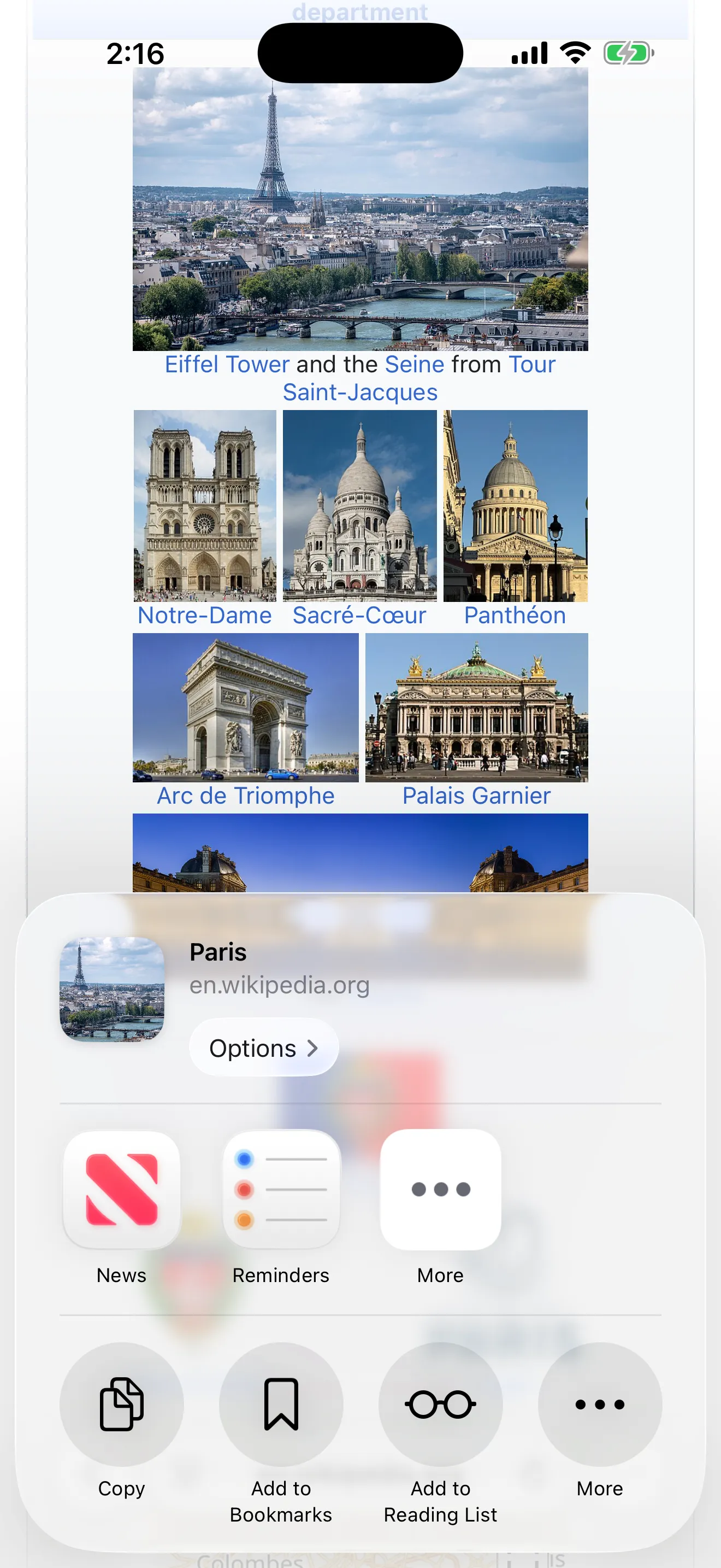 The row of apps in the share sheet. News and Reminders are there, with More at the right end. Shimau is not yet listed