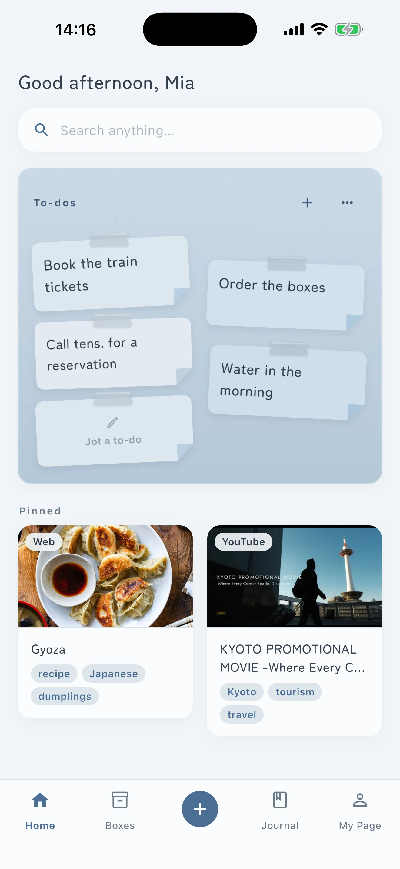 The Shimau home screen: a wall of sticky-note to-dos, with pinned recipes and videos below(Calm Blue)