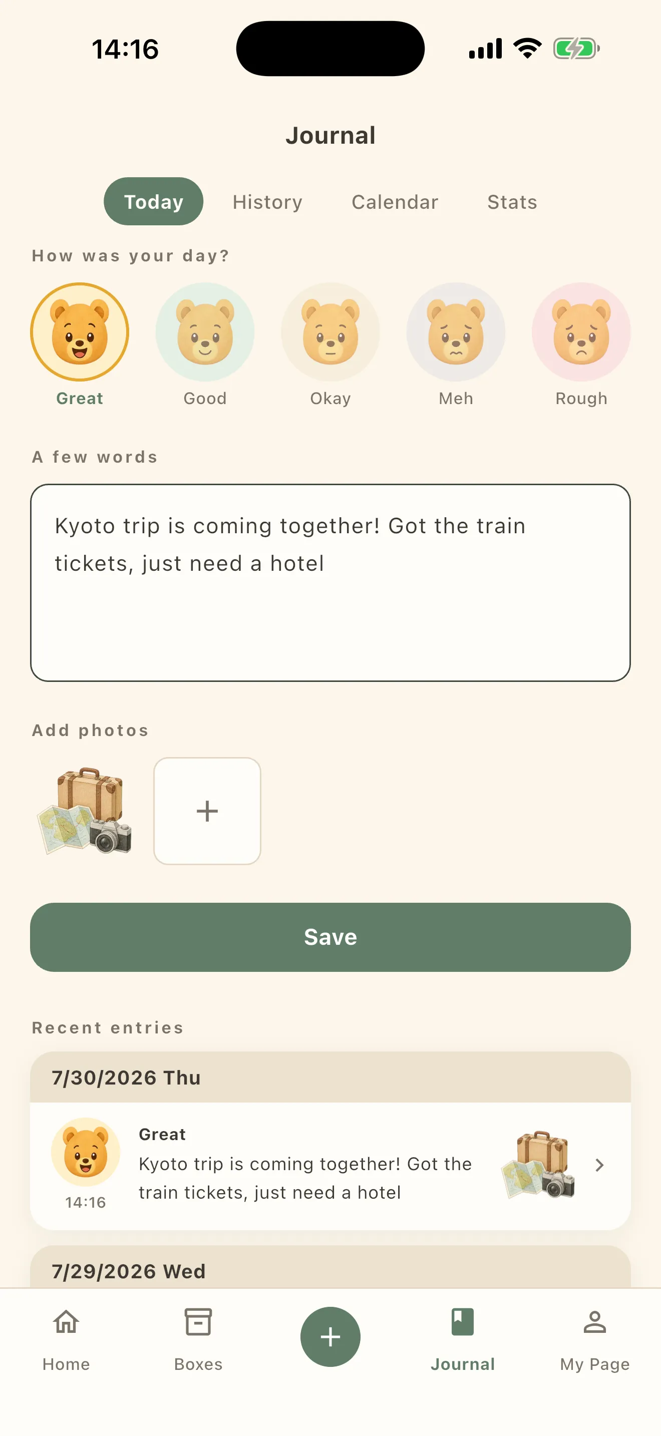 The Journal screen in Cozy, with five moods shown as bear faces