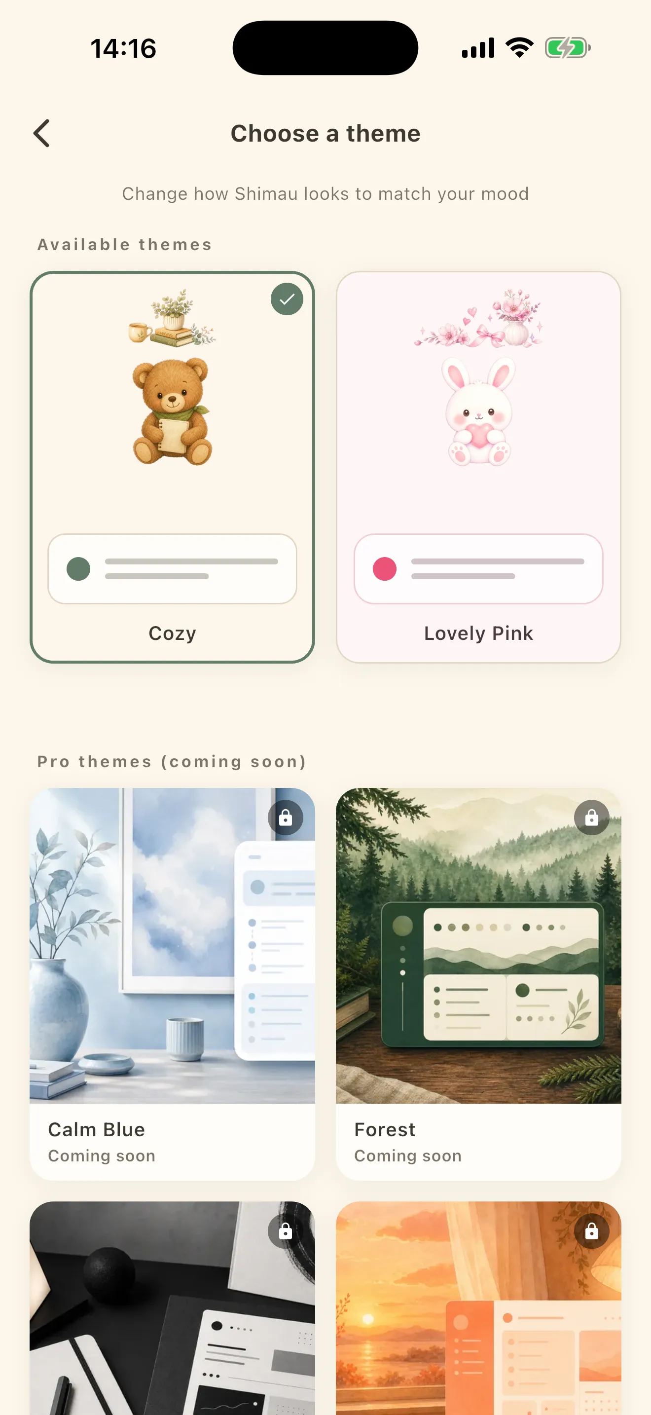 The theme picker. The available themes and the Pro themes are listed with previews